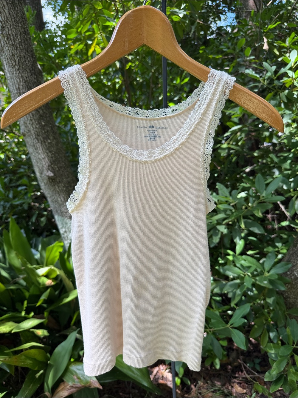 Brandy Melville Lace-Trim Ribbed Tank in blush ivory